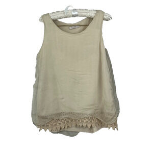 Cosmo Tank Top Size Large Beige Silk Flowy Sheer Overlay Delicate Made In Italy